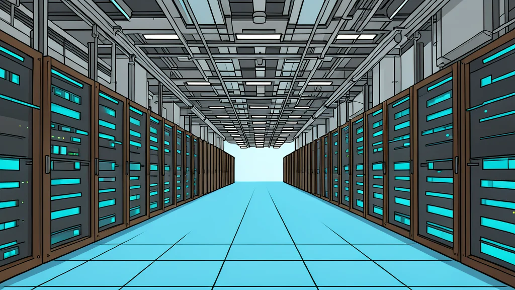 A vast, modern server hall with rows of tall, dark cabinets and glowing blue status lights, set against a backdrop of industrial cooling pipes and concrete floors.