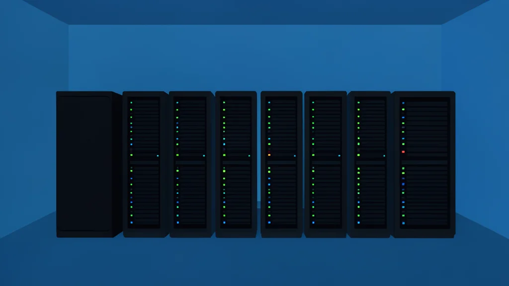 A row of black server racks with blinking status lights inside a cool, dimly lit room
