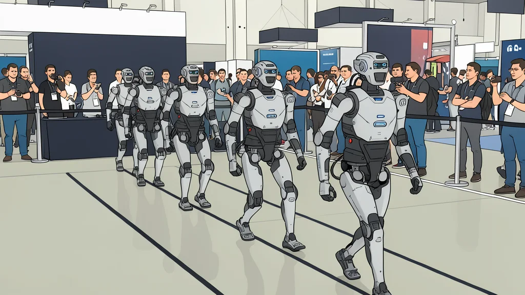 A sleek, bipedal robot standing on a polished industrial floor next to a spool of carbon fiber thread