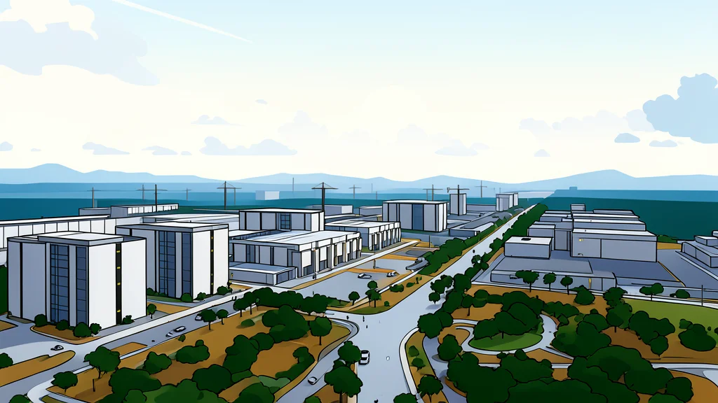 A vast, open-air industrial complex featuring rows of large, white rectangular cooling towers and low-rise utility buildings under a clear sky.