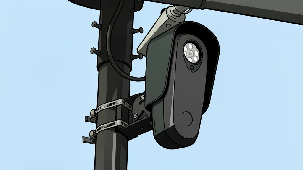 A surveillance camera mounted on a pole overlooking a quiet street at dusk