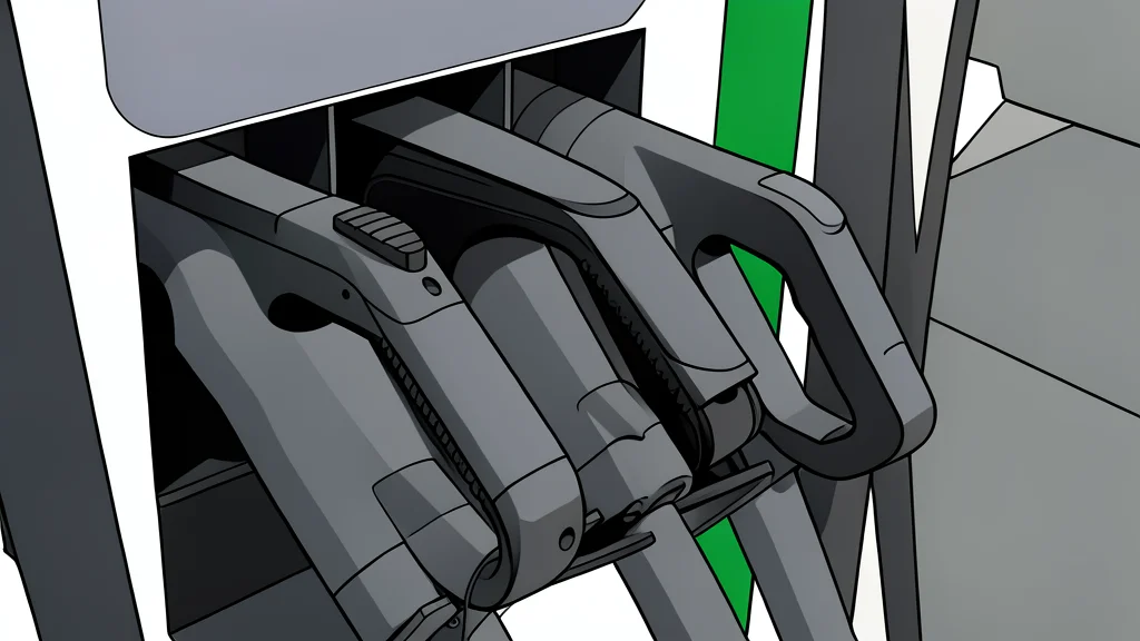 A modern electric vehicle charging station with a cable plugged into a car port, set against a blurred urban street background.