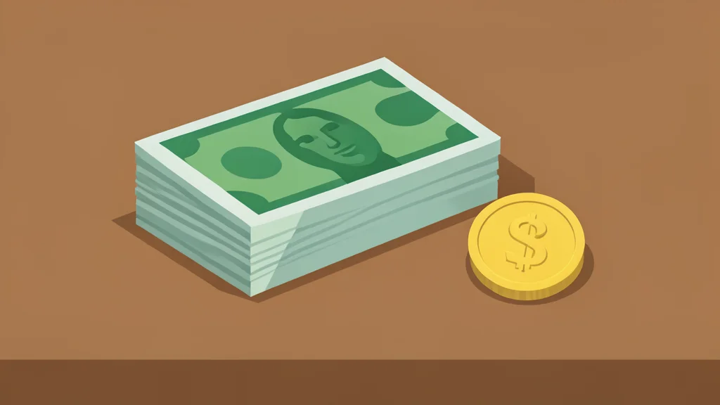 A stack of paper currency bills and a single gold coin resting on a wooden desk