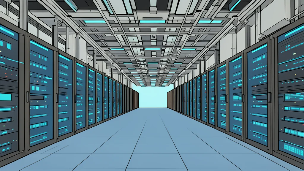 A vast, modern server hall with rows of tall, dark cabinets and glowing blue status lights, set against a backdrop of industrial cooling pipes and concrete floors.