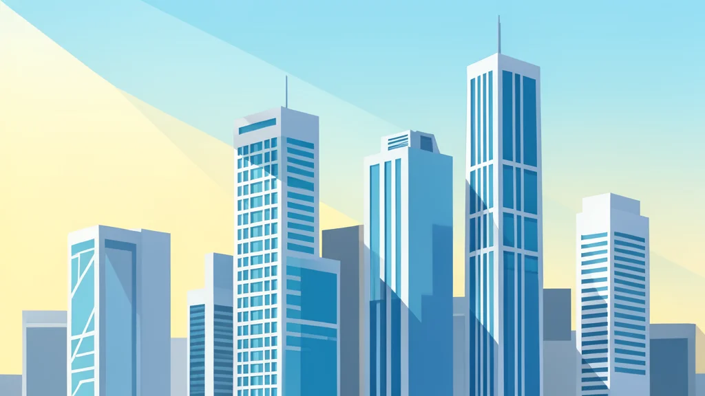 A modern city skyline with skyscrapers reflecting the morning sun