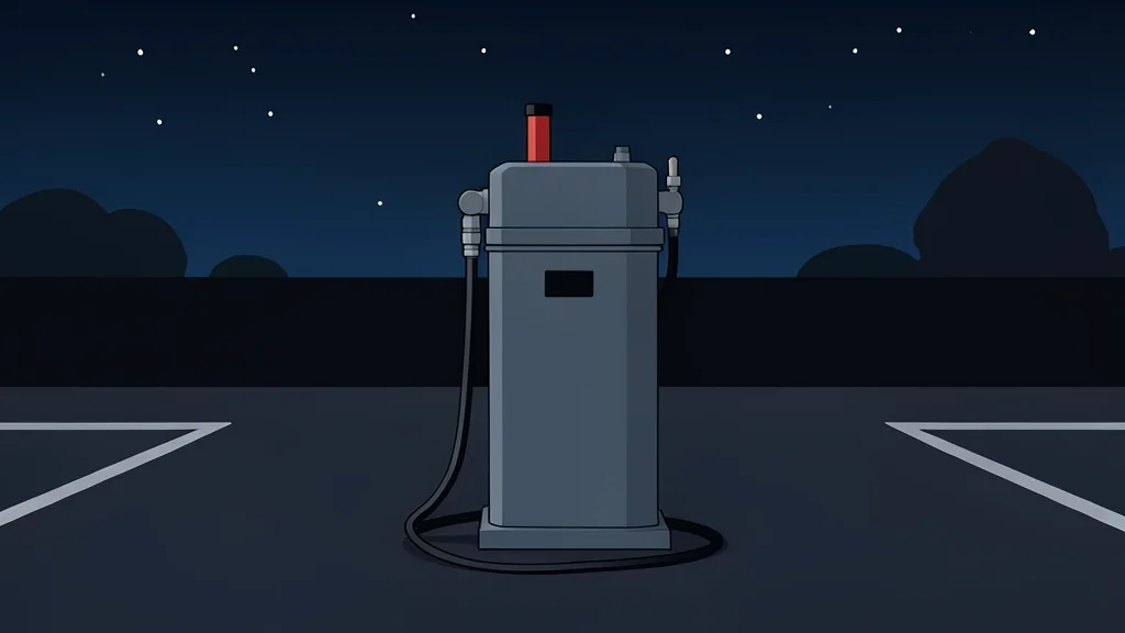 A solitary fuel pump stands in a dark, empty parking lot under a starry night sky.
