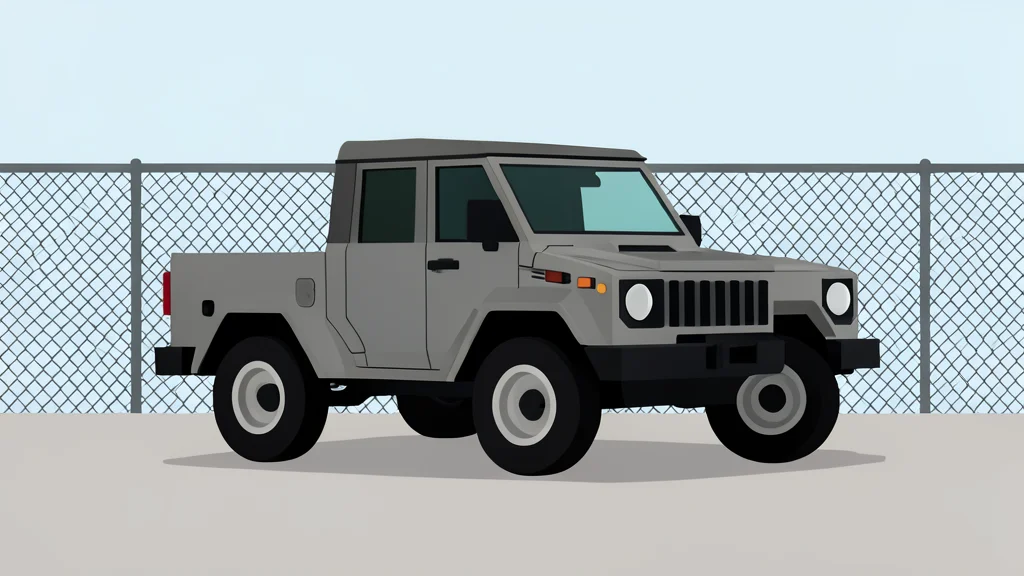 A rugged, boxy off-road vehicle parked on a gravel lot near a chain-link fence.