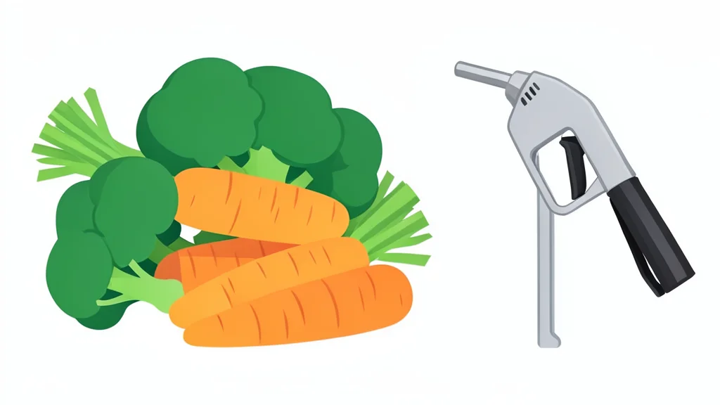 A flat vector illustration showing a stack of fresh vegetables next to a manual fuel pump handle.