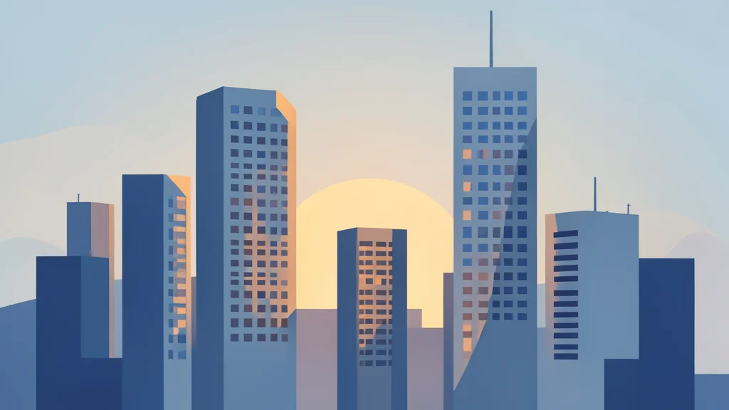 A modern city skyline with skyscrapers reflecting the morning sun
