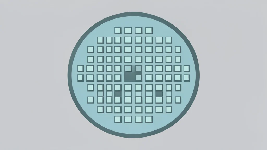 A close-up view of a silicon wafer with a grid of square chips, resting on a clean laboratory surface.