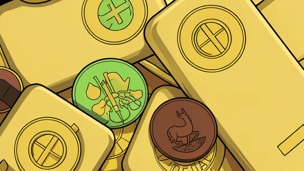 A stack of polished gold coins and a small gold bar resting on a dark wooden table