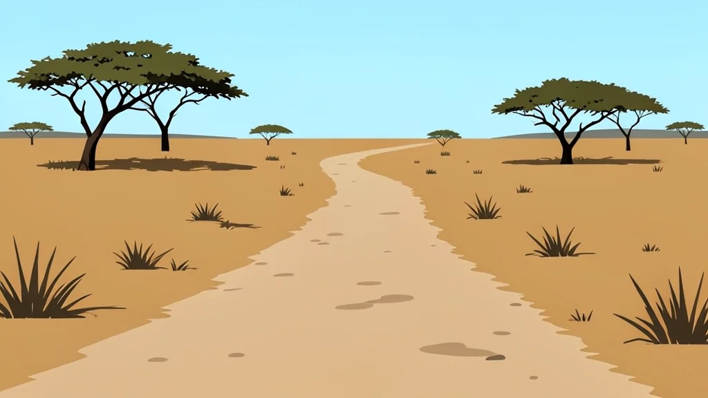 A dusty, unpaved road winding through a dry, grassy landscape with sparse acacia trees in the distance.