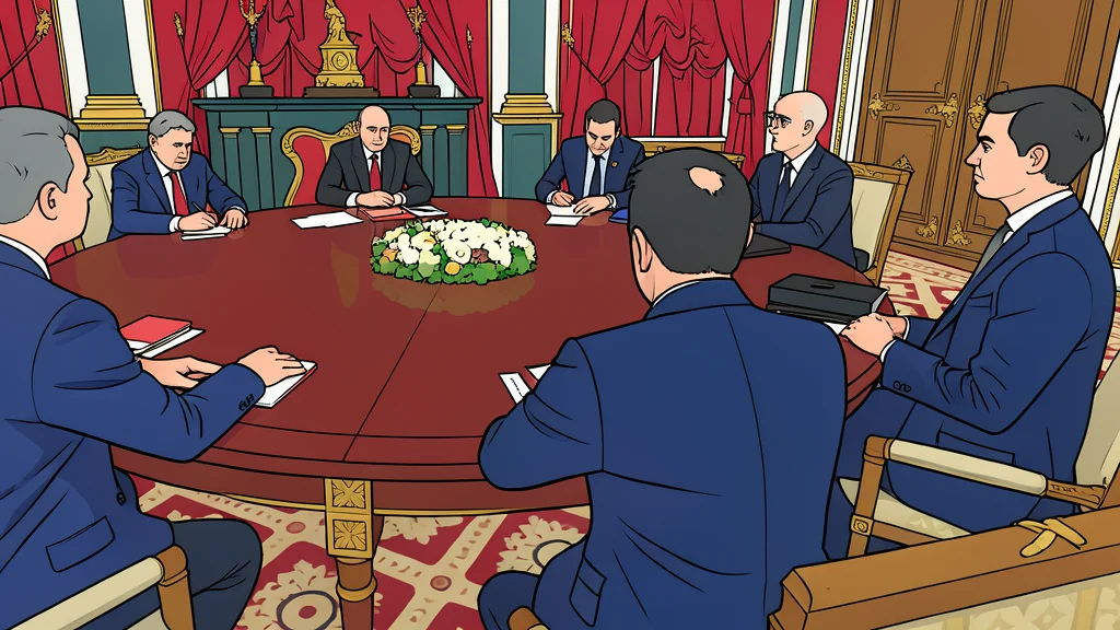 A long, polished wooden negotiation table with two chairs facing each other across a neutral backdrop
