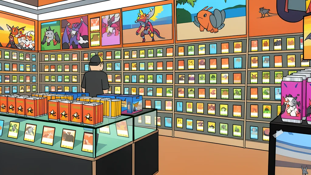 A stack of colorful trading card booster packs sitting on a wooden counter next to a small potted plant