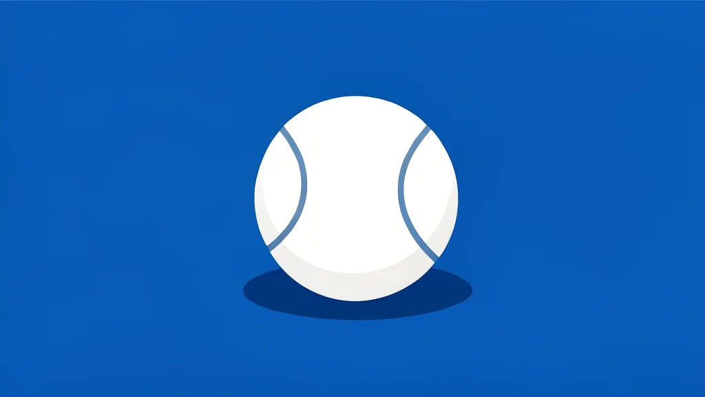 A single white tennis ball resting on a blue hard court surface