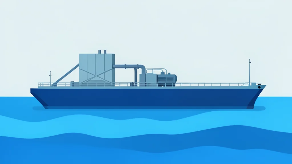 A large industrial barge floating on calm ocean water with a power generation structure on deck