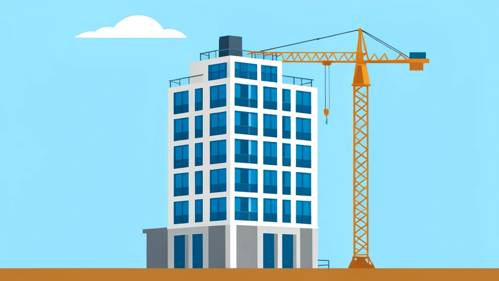 A modern residential high-rise building under construction with a crane in the background
