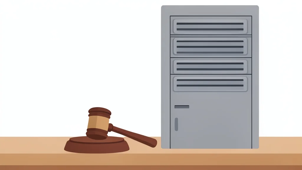A wooden gavel resting on a desk beside a tall server rack