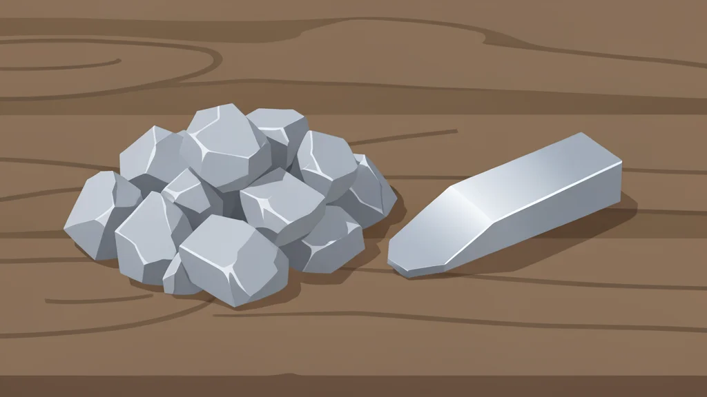 A pile of raw silver ore chunks and a polished silver bar on a wooden table