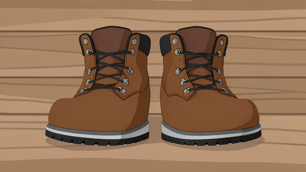 A pair of sturdy leather hiking boots resting on a wooden surface