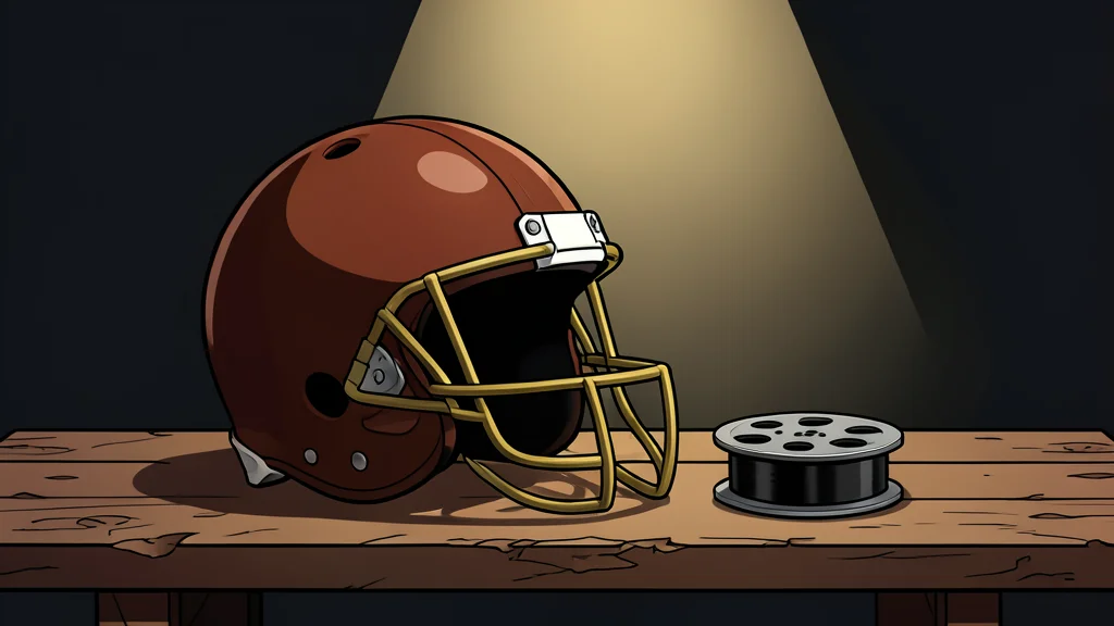 A vintage black-and-white film reel resting on a wooden table next to a leather football helmet.