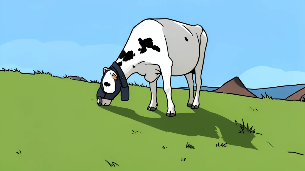 A close-up view of a rubber sock-like device fitted over the snout of a cow standing in a green field.