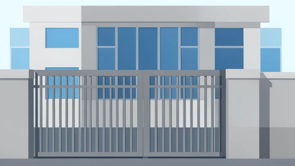 A modern municipal government building facade with a closed gate