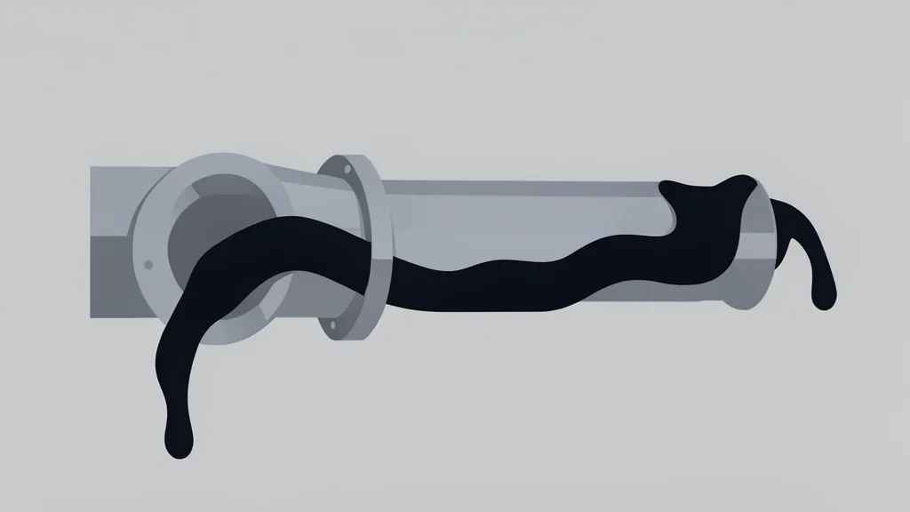 A dark, viscous liquid flowing through a narrow industrial pipe