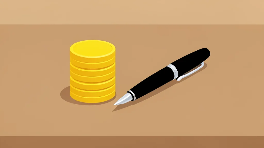 A stack of gold coins and a fountain pen resting on a wooden desk.