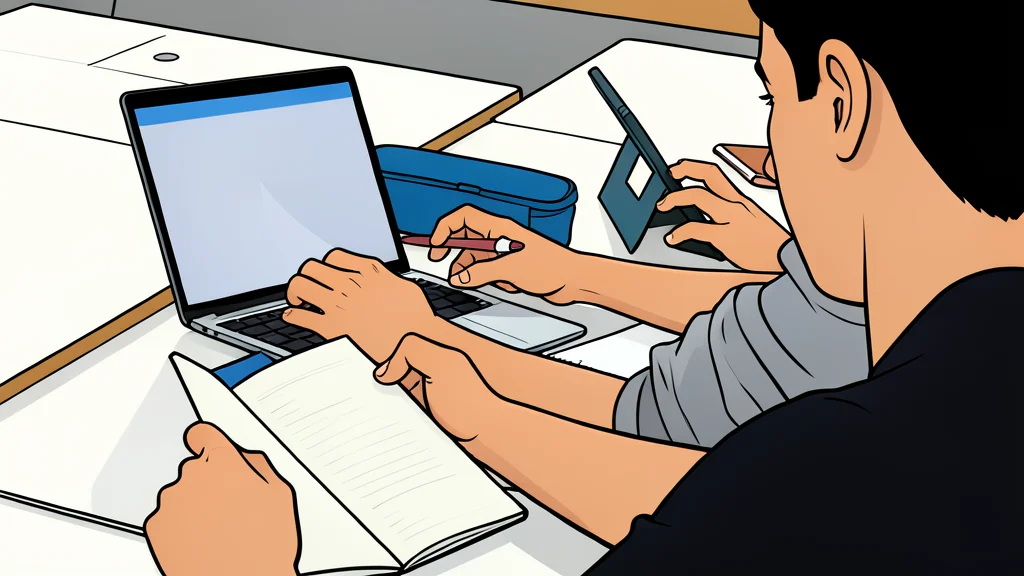 A young student's hand resting on a closed laptop in a quiet classroom setting