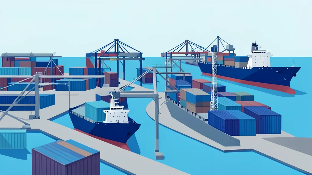 A flat vector illustration of interconnected shipping containers and cargo ships in a busy port.