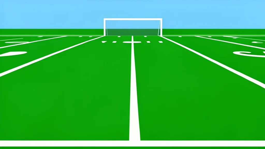 A green grass football field with white yard lines and goalposts in the distance