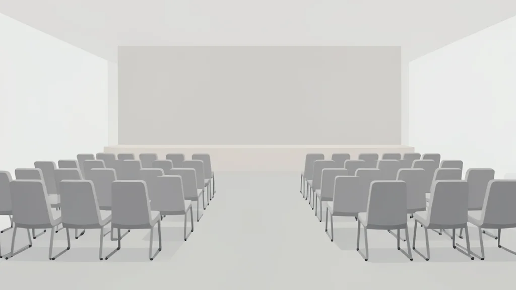 A wide view of a large conference hall with rows of empty chairs facing a distant stage.