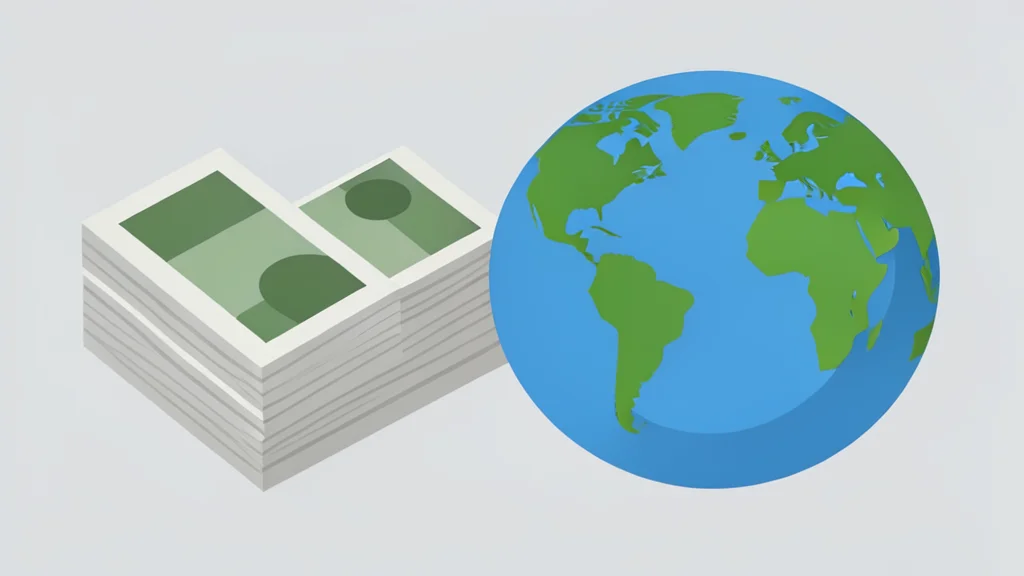 A stack of paper currency next to a globe
