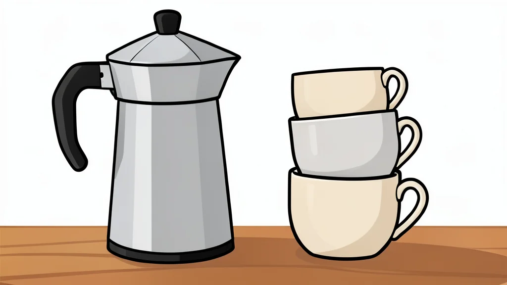 A stainless steel coffee urn and a stack of ceramic mugs on a wooden table