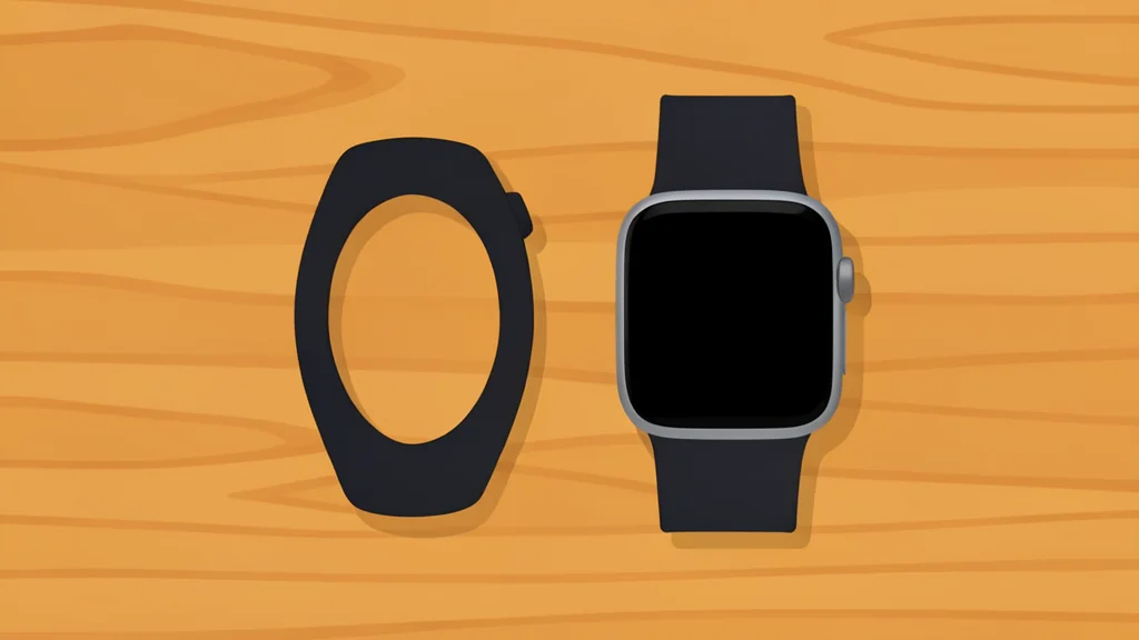 A sleek, band-style fitness tracker resting on a wooden surface next to a smartwatch with a digital display