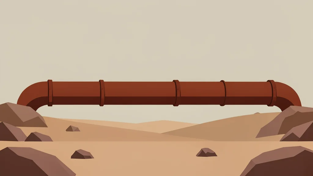 A long, rusted steel pipeline stretching across a dry, rocky desert landscape under a hazy sky.