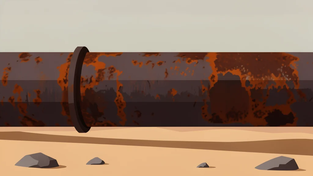A long, rusted steel pipeline stretching across a dry, arid desert landscape under a hazy sky.