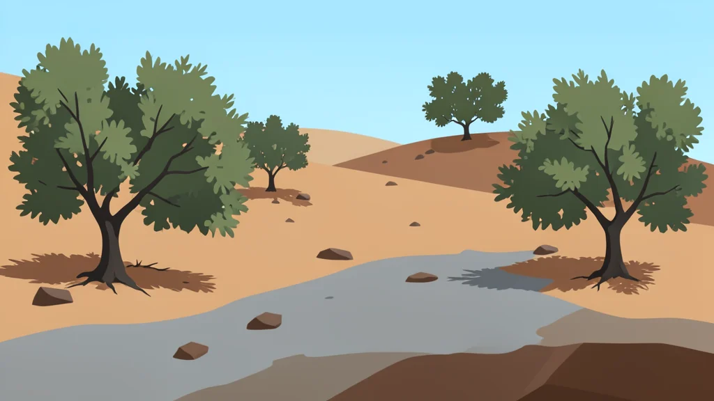 A dry, rocky hillside with scattered olive trees and a layer of grey ash on the ground