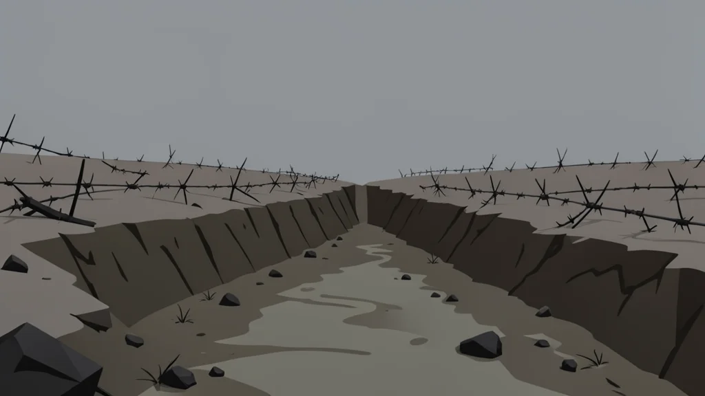 A muddy trench line cutting through a grey, overcast field with scattered debris and barbed wire