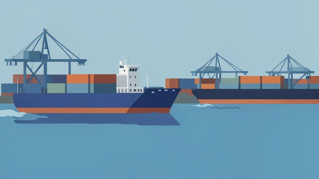A busy harbor with large cargo ships and oil tankers moving through the water