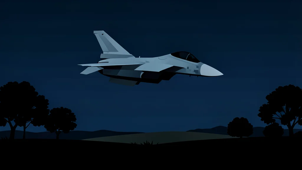 A fighter jet flying over a rural European landscape at night
