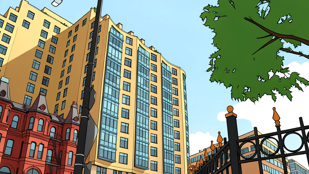 A row of multi-story apartment buildings with uniform windows and balconies