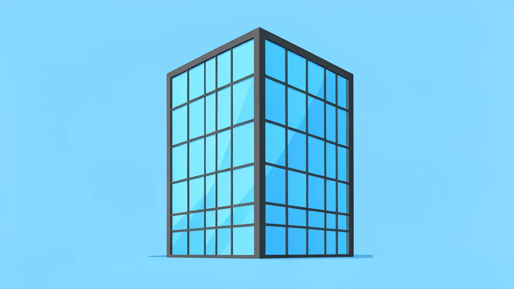 A modern glass office building stands tall against a clear blue sky.