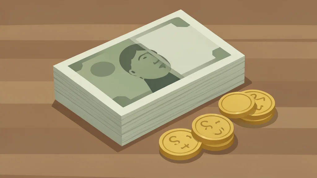 A stack of paper banknotes and coins resting on a wooden table