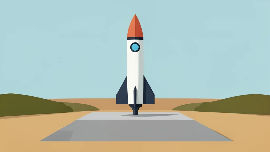A small rocket standing vertically on a concrete launch pad surrounded by scrubland