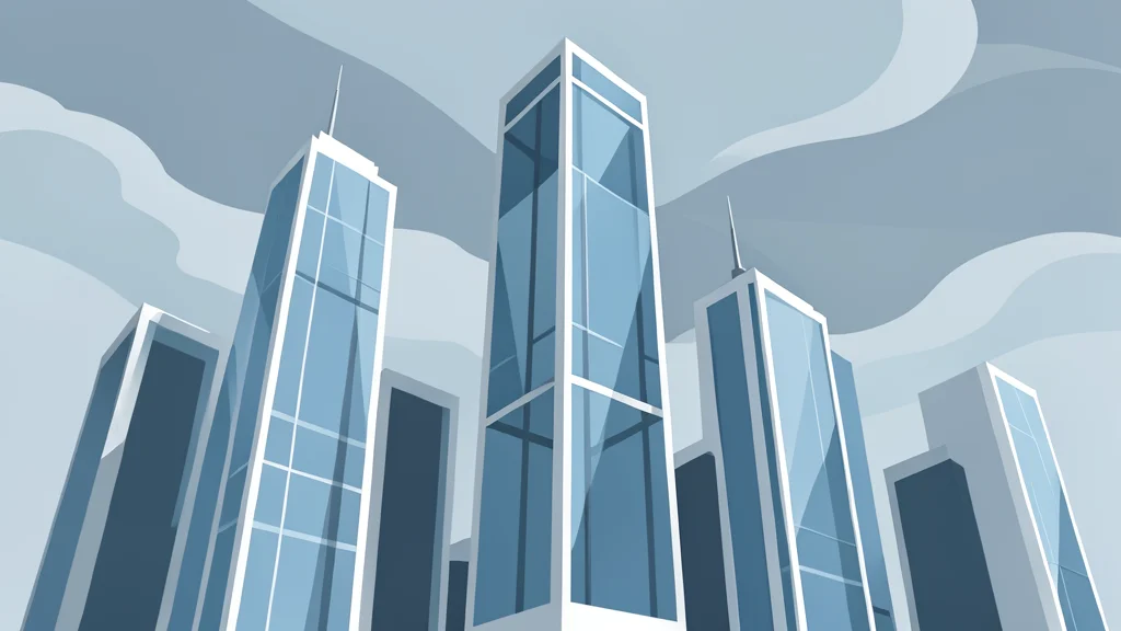 A modern financial district skyline with glass skyscrapers reflecting a cloudy sky