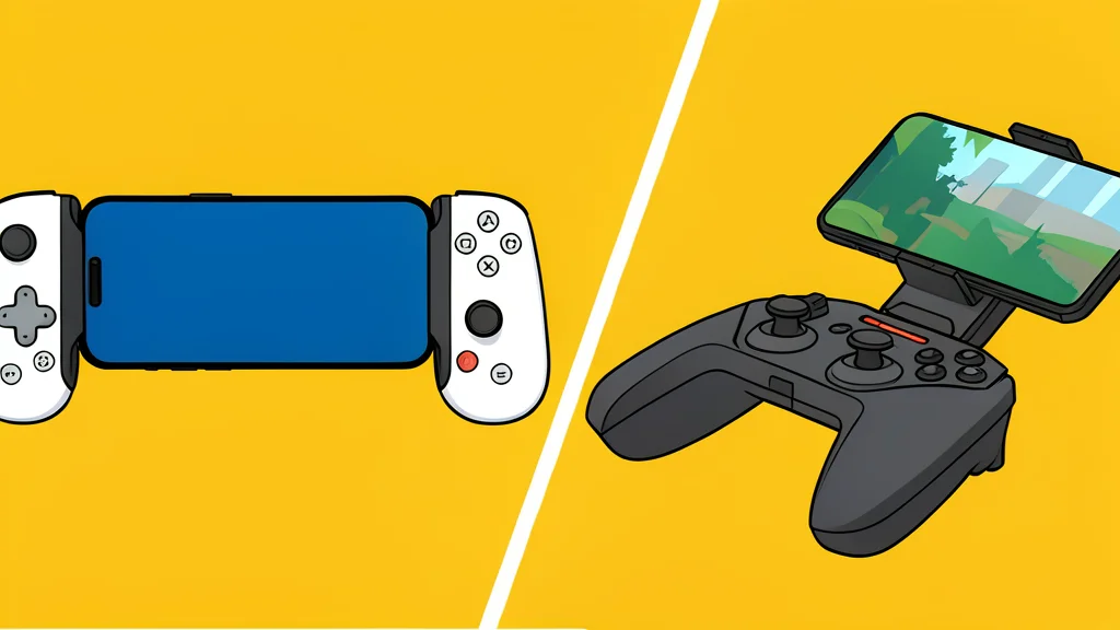 A pair of modern game controllers resting on a wooden desk next to a smartphone