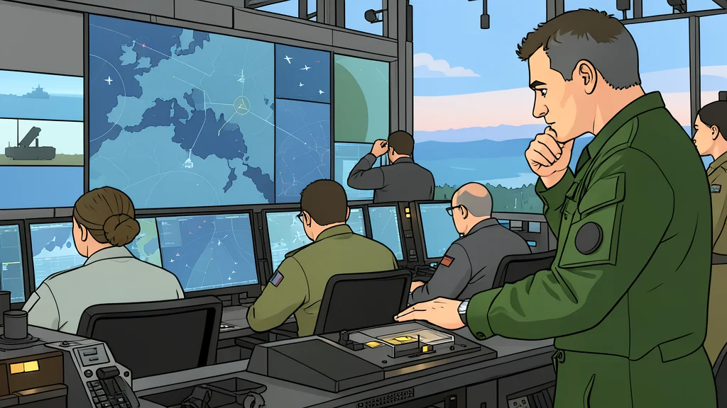 A dimly lit control room featuring interconnected radar dishes and server racks.