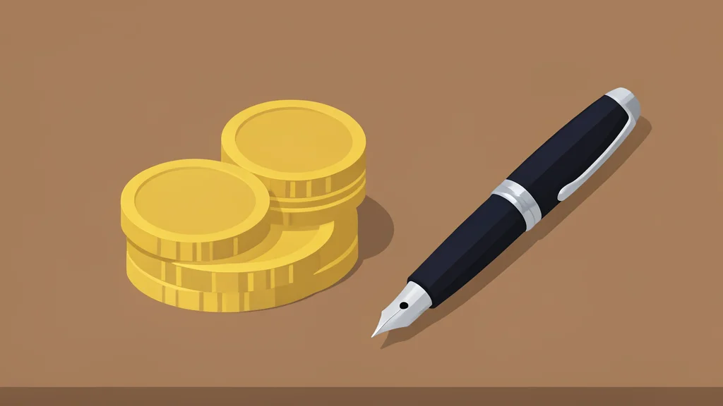 A stack of gold coins and a fountain pen resting on a wooden desk